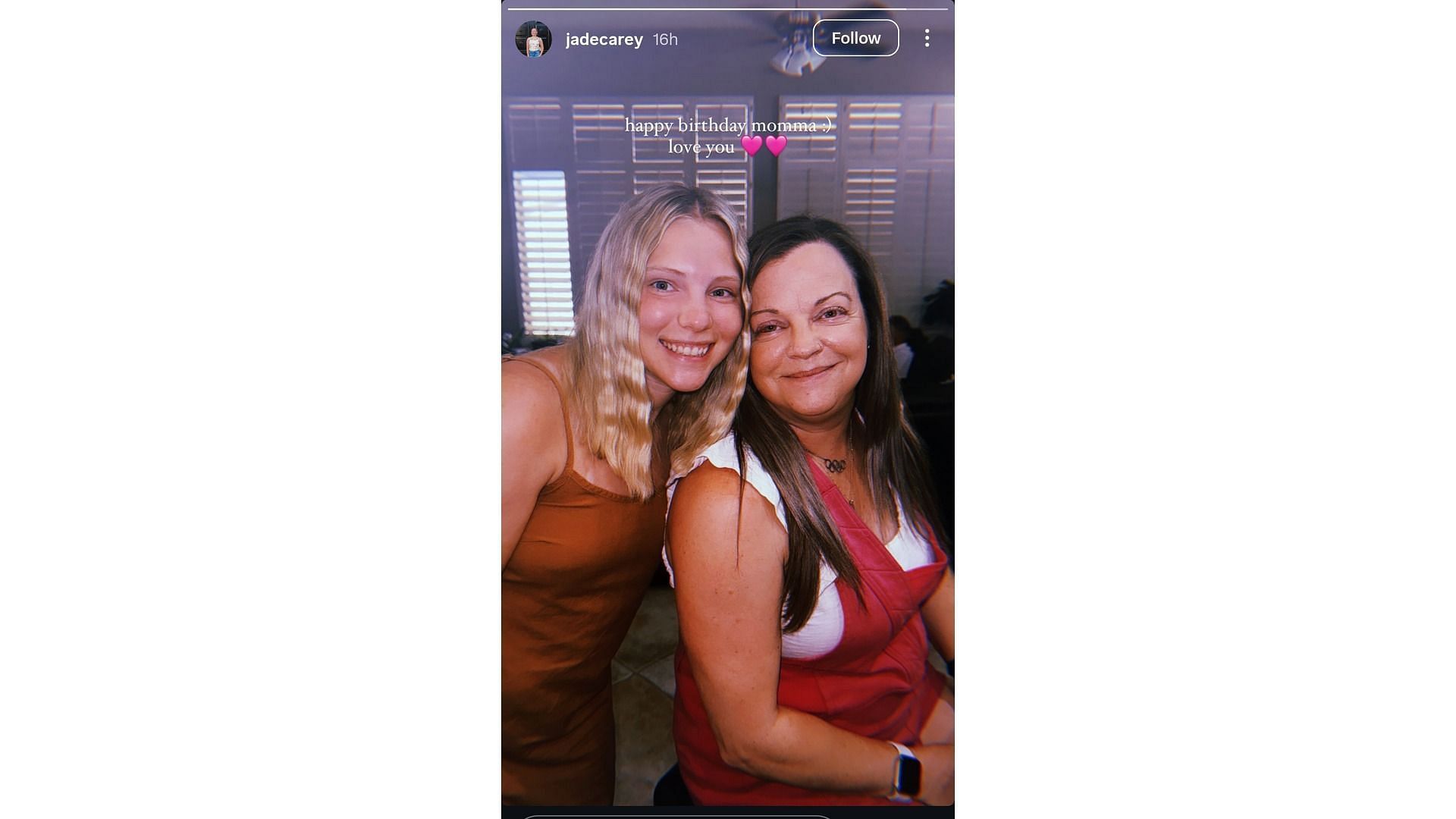 Screenshot of Carey's Instagram story featuring her birthday wish for her mother (Image via: @jadecarey)